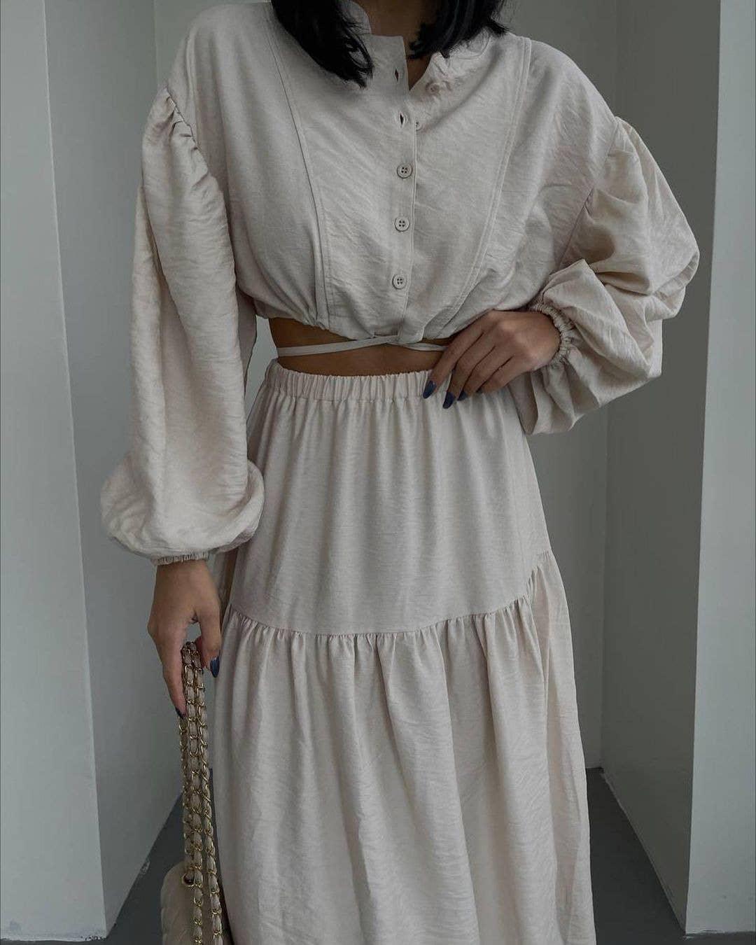 Ladies Solid Color Top & Skirt Set Daily Set TZ8015 - SWEETKAMA