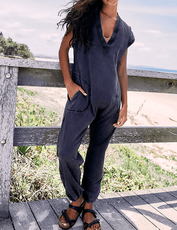 Ladies Solid Color V-Neckline Pockets Jumpsuit SKJ377 - SWEETKAMA