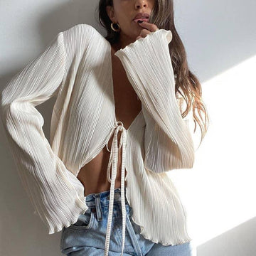 Ladies Solid Color Wrinkle Casual Lace Shirt SY10133T - SWEETKAMA