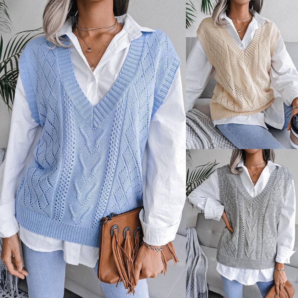 Ladies Solid Sleeveless V-Neck Sweater Vest 2027 - SWEETKAMA