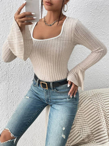 Ladies Solid Squsre Collar Flounce Sleeves Top G1040 - SWEETKAMA