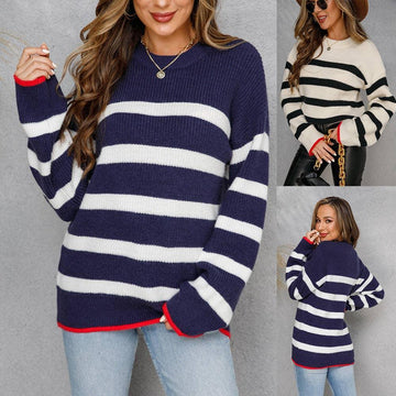 Ladies Stripe Print Long Sleeves Round Neck Top T9055 - SWEETKAMA