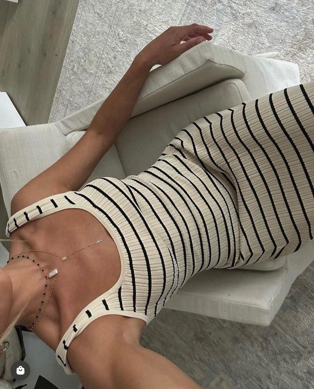 Ladies Stripe Strap Shoulder Midi Dress 1378# - SWEETKAMA