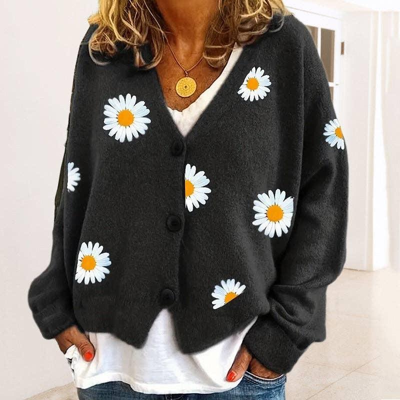 Ladies Sun Flower V-Neck Long Sleeves Sweater 2369 - SWEETKAMA