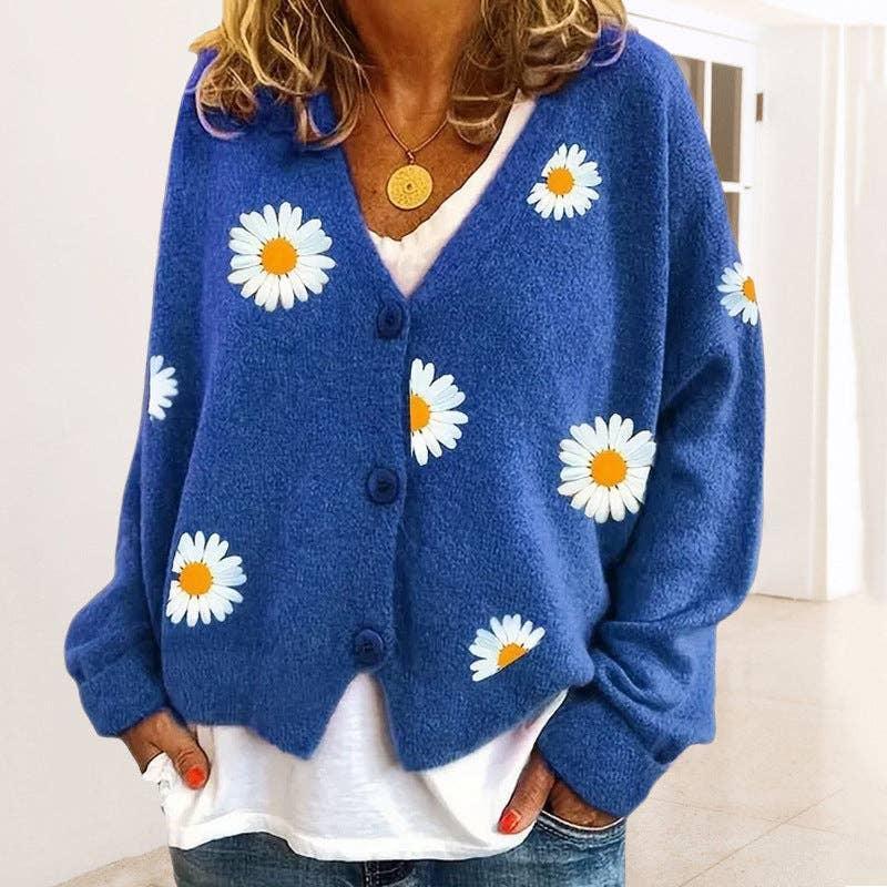 Ladies Sun Flower V-Neck Long Sleeves Sweater 2369 - SWEETKAMA