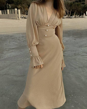 Ladies V-Neck Puff Sleeves Long Dress LYQ8489 - SWEETKAMA