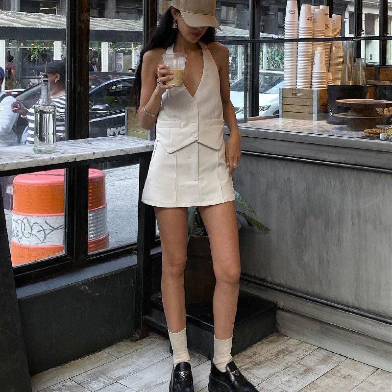 Ladies V-Neck Vest A-line Short Skirt Suit S48H4524 - SWEETKAMA