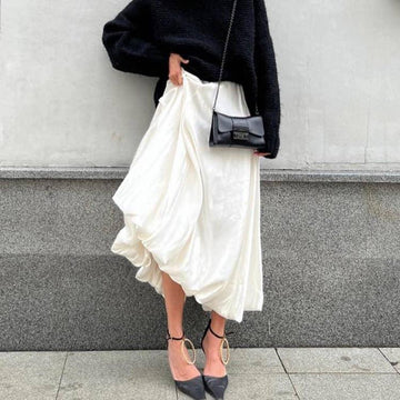 Ladies White Satin Bud Skirt Fluffy Puffy Skirt BSQ10087T - SWEETKAMA