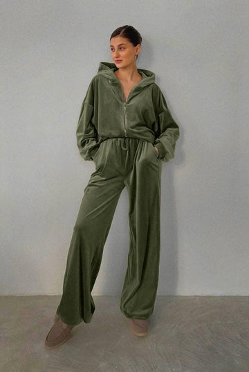 Ladies Zipper Hooded Coat Loose Pants Velvet Set 2TZ7115 - SWEETKAMA