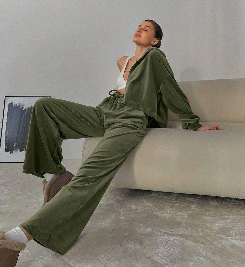 Ladies Zipper Hooded Coat Loose Pants Velvet Set 2TZ7115 - SWEETKAMA