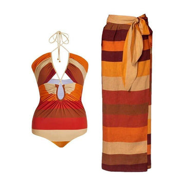 Orange Stripe One Piece Swimwear with Cover Y180 - SWEETKAMA