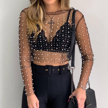 Pearl Rhinestone Studded See Through Mesh Blouse SKT1976