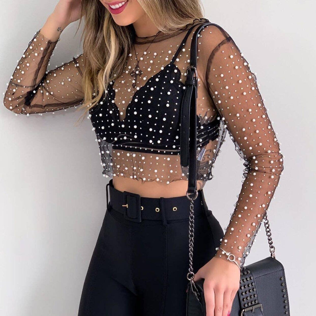 SWEETKAMA Pearl Rhinestone Studded See Through Mesh Blouse SKT1976