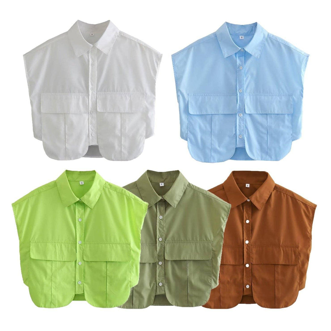 Solid Color Lapel Pockets Sleeveless Short Shirt 8BS968 - SWEETKAMA