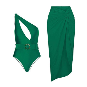 Solid Color One Shoulder One Piece Swimwear with Cover Y185 - SWEETKAMA
