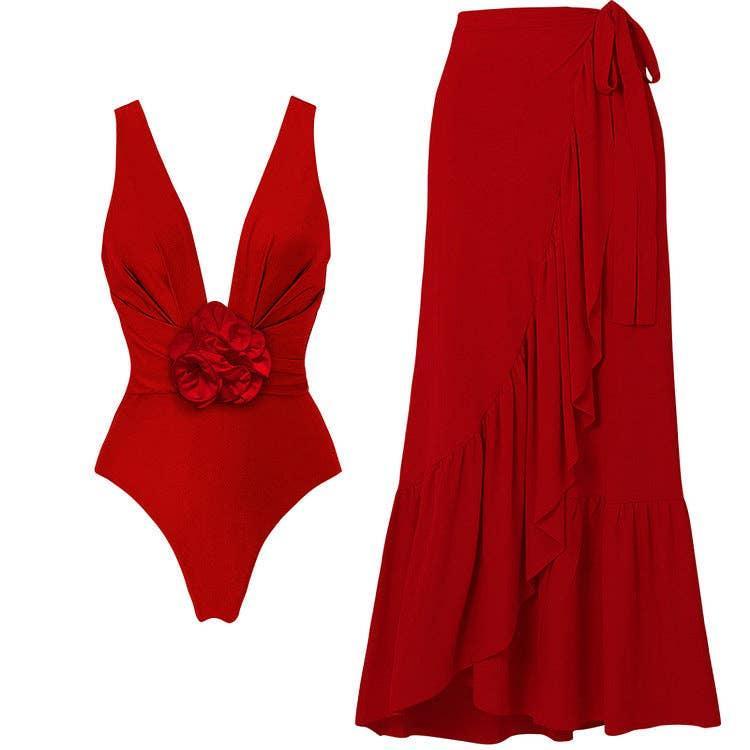 Solid Color Red Rose One Piece Swimwear Y285 - SWEETKAMA