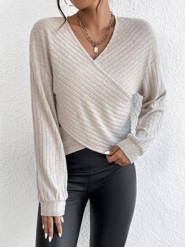 Solid V-Neck Cross Loose Long Sleeves Blouse G1061 - SWEETKAMA