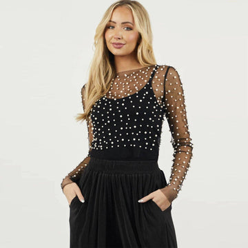 Sparkle Pearl Studded Sheer Mesh See Through Top SKT21069