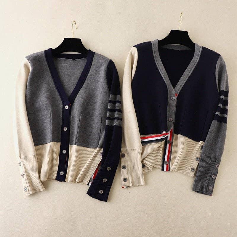 Splice V-Neck Single-Breasted Women Knit Cardigan 5024 - SWEETKAMA