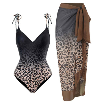 Straps Leopar Print One-piece Swimsuit with Wrap Y81 - SWEETKAMA