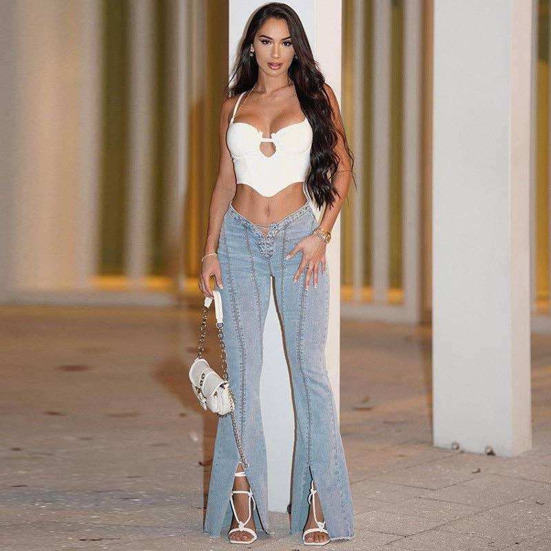 String Cross Hollow Out Daily Denim Flared Pants KH23007DG - SWEETKAMA