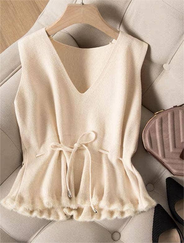 V-Neck Flounce Waist Tie Women Knit Vest 777 - SWEETKAMA