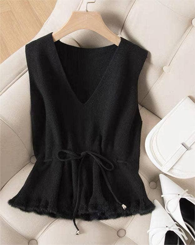 V-Neck Flounce Waist Tie Women Knit Vest 777 - SWEETKAMA