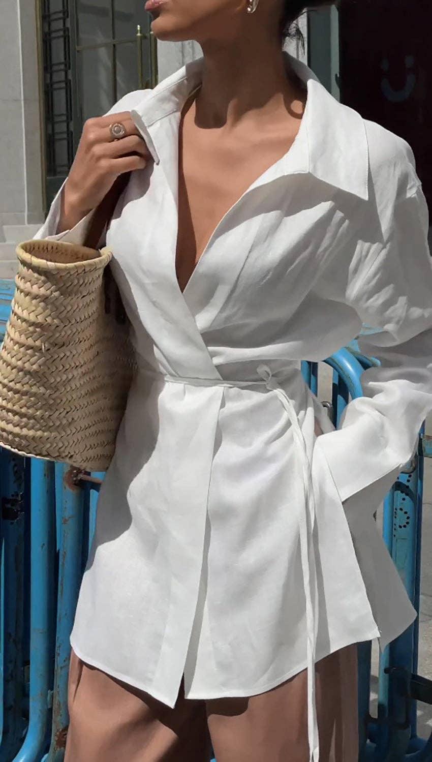 White Lapel Waist Tie Splice Leisure Ladies Shirt CY1038 - SWEETKAMA