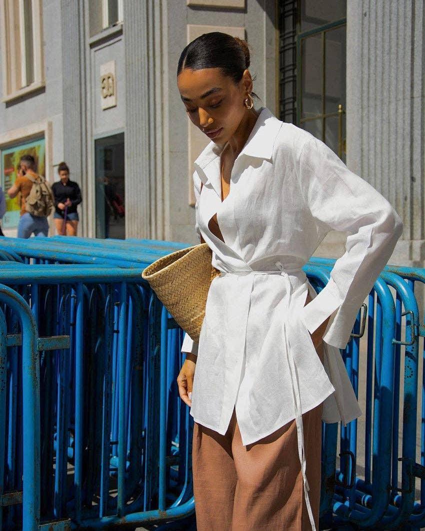 White Lapel Waist Tie Splice Leisure Ladies Shirt CY1038 - SWEETKAMA