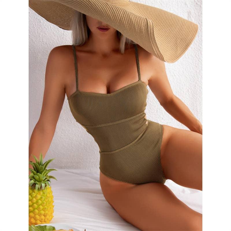 Wrinkle Solid Color Waist Cut Out One Piece Swimwear Y09 - SWEETKAMA