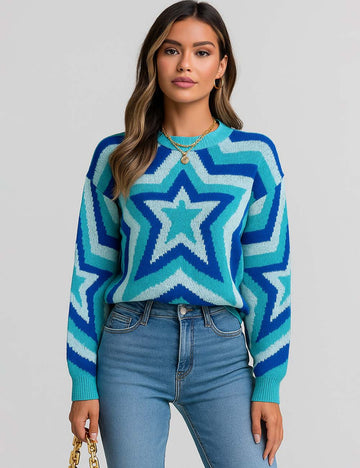 Ladies Multi Color Stars Print Round Collar Knit Sweater
