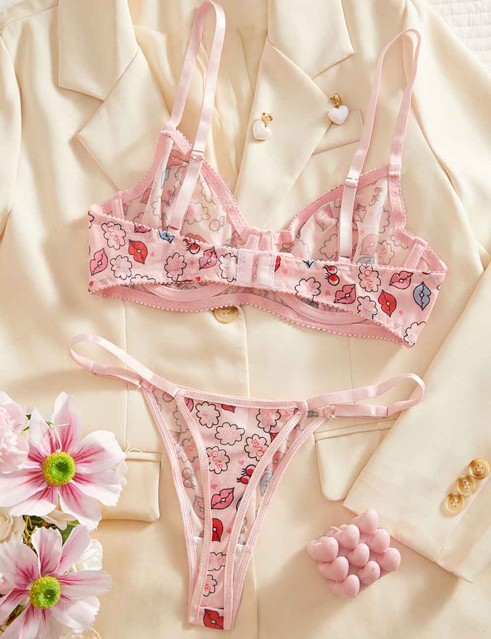 Ladies Sexy Lips Print See-Through Thong Lingerie Set