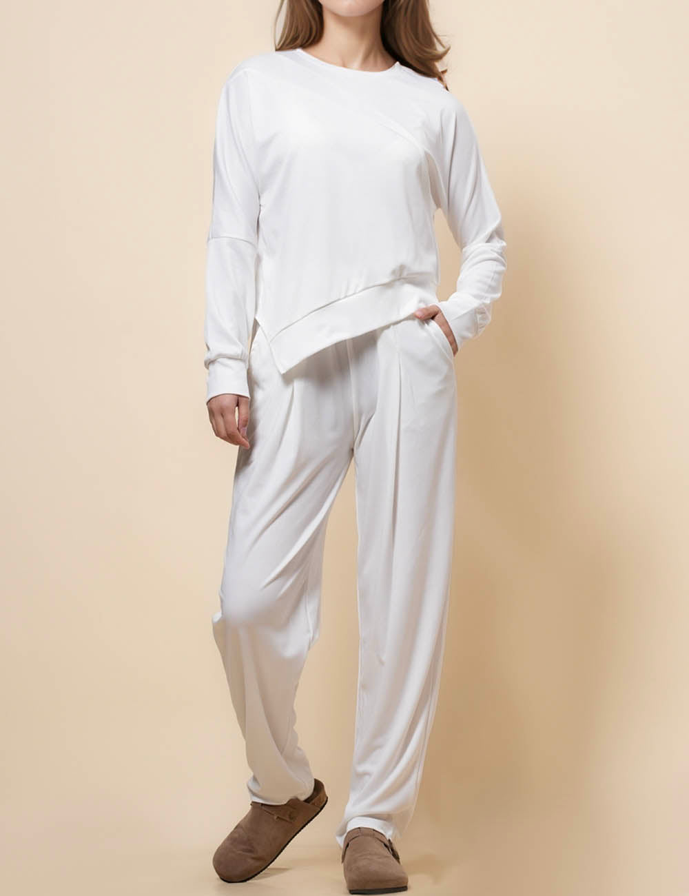 Ladies Solid Color Inregular Hem Top Pants Set SKST41126