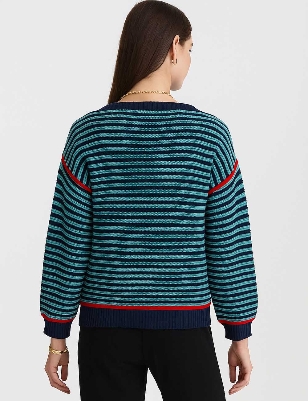 Ladies Striped Round Neck Dropped Shoulder Knit Sweater