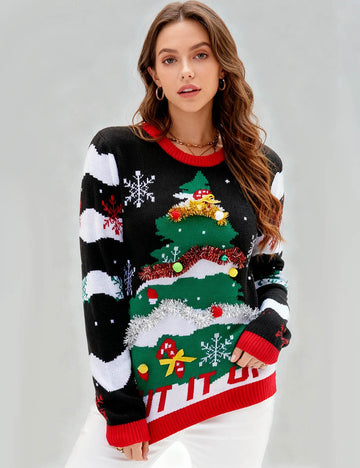 Ladies Festive Christmas Tree Graphic Holiday Knit Sweater