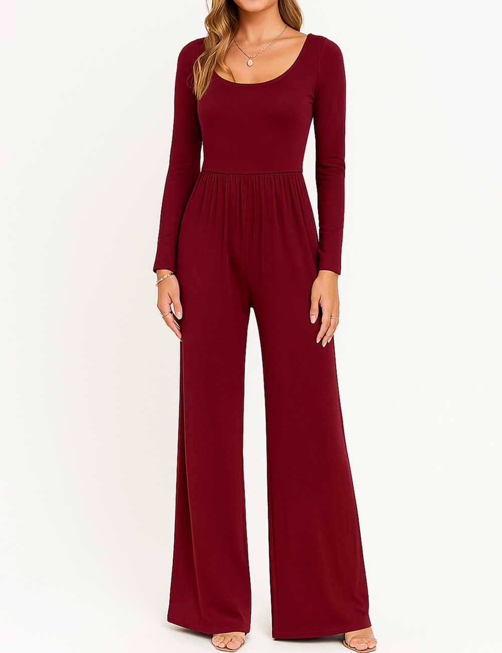 ゆみゆみ Ladies Solid Color Stretch Ruched U-Neck Wide Leg Jumpsuit – SWEETKAMA