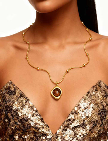 Ladies Vintage Golden Chain Faux Tiger Eye Pendant Necklace