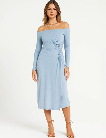 Ladies Off-Shoulder Side Twist Bodycon Midi Dress