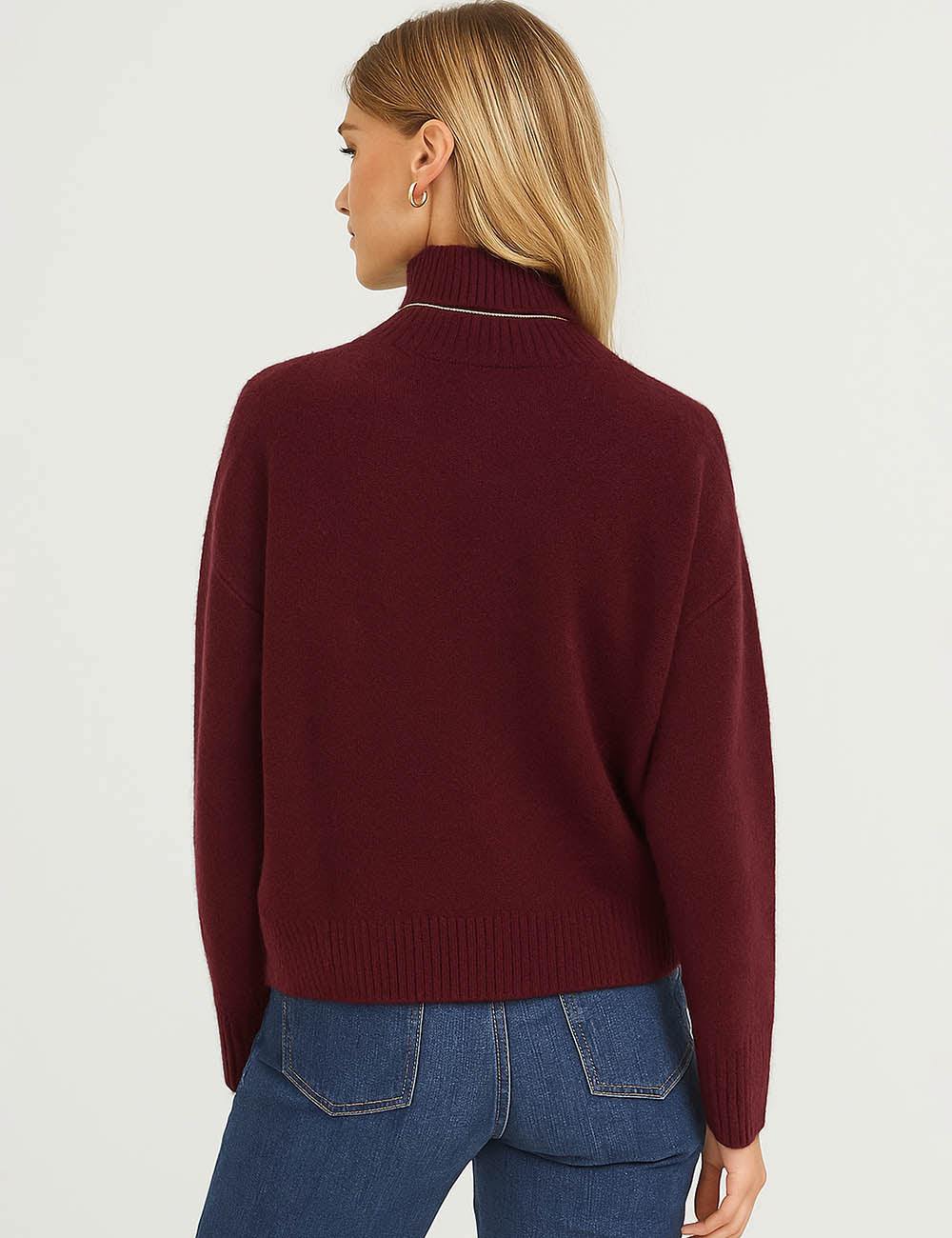 Ladies Solid Color Turtle Neck Rib Trim Knit Sweater