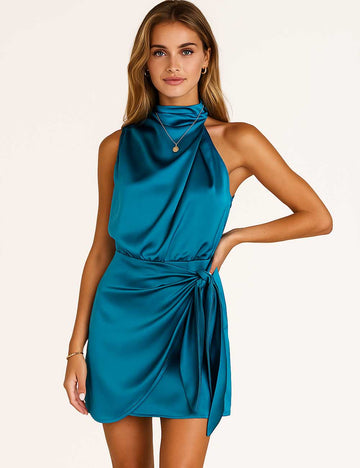 Ladies Satin Mock Neck Sleeveless Tie Waist Mini Dress