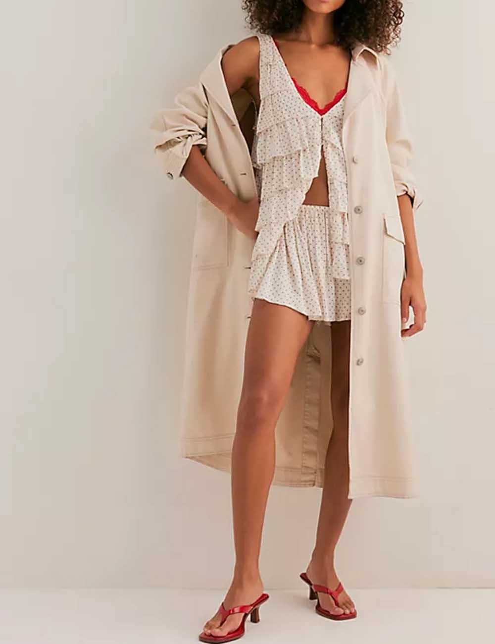 Ladies V-Neck Button Polka Dot Ruffle Top & Skort Set