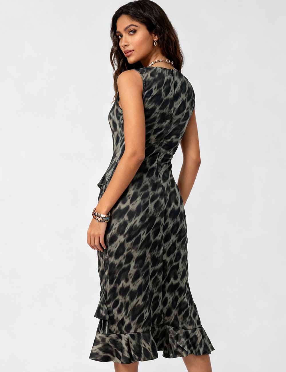Ladies Leopard Print Keyhole Neck Ruffle Hem Midi Dress