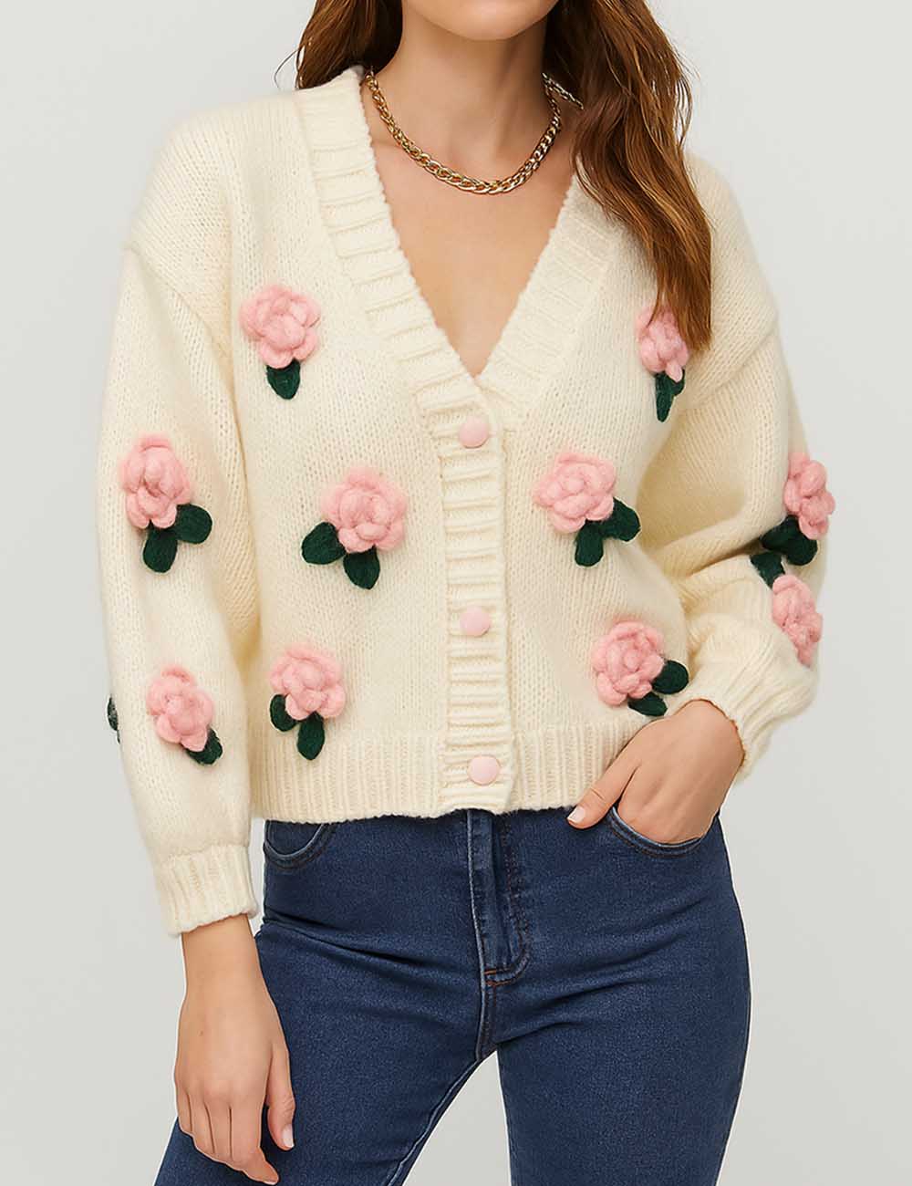 Ladies V-Neck Flower Button Closure Long Sleeves Cardigan