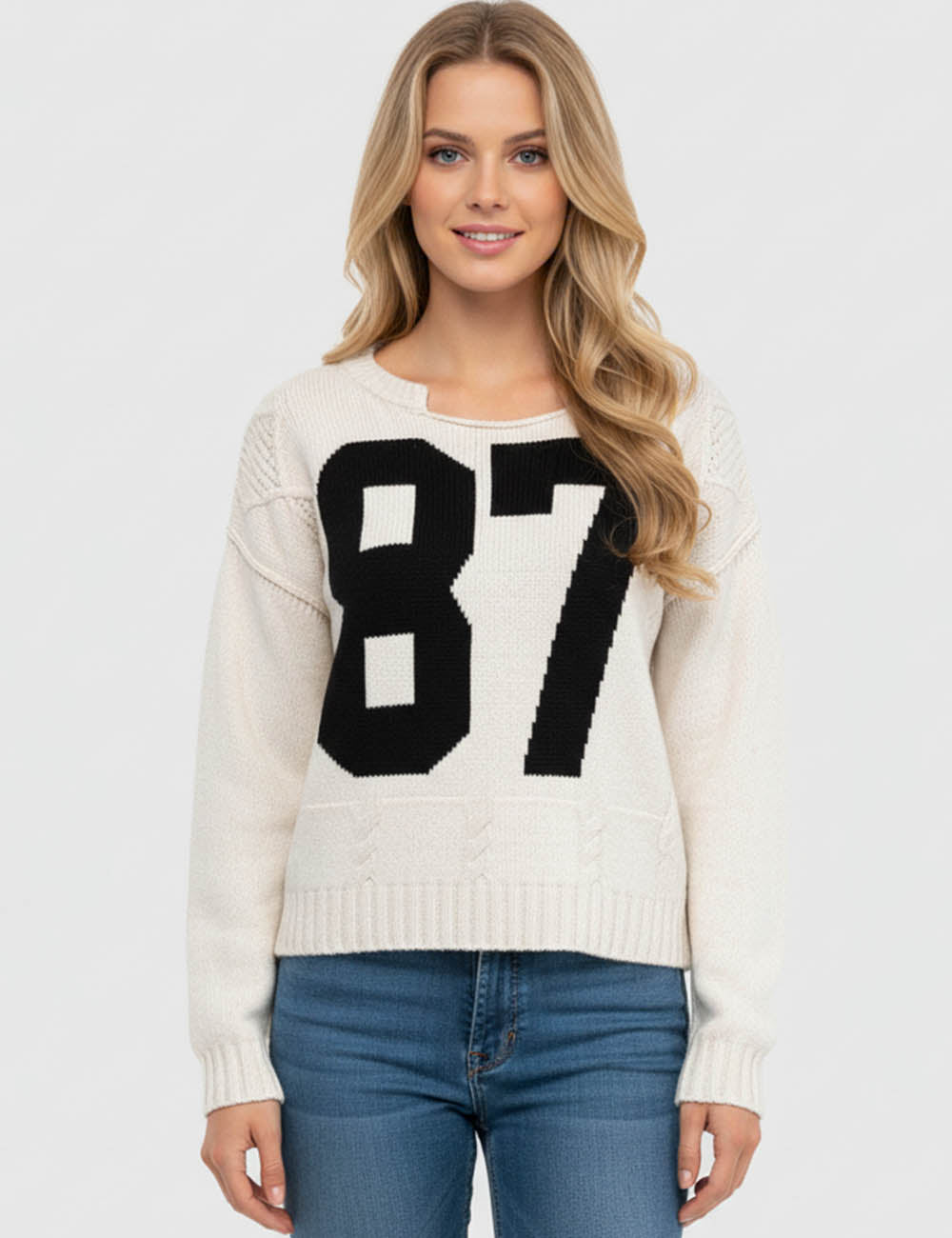 Ladies Geometric Knit Number Pattern Long Sleeves Pullover Sweater