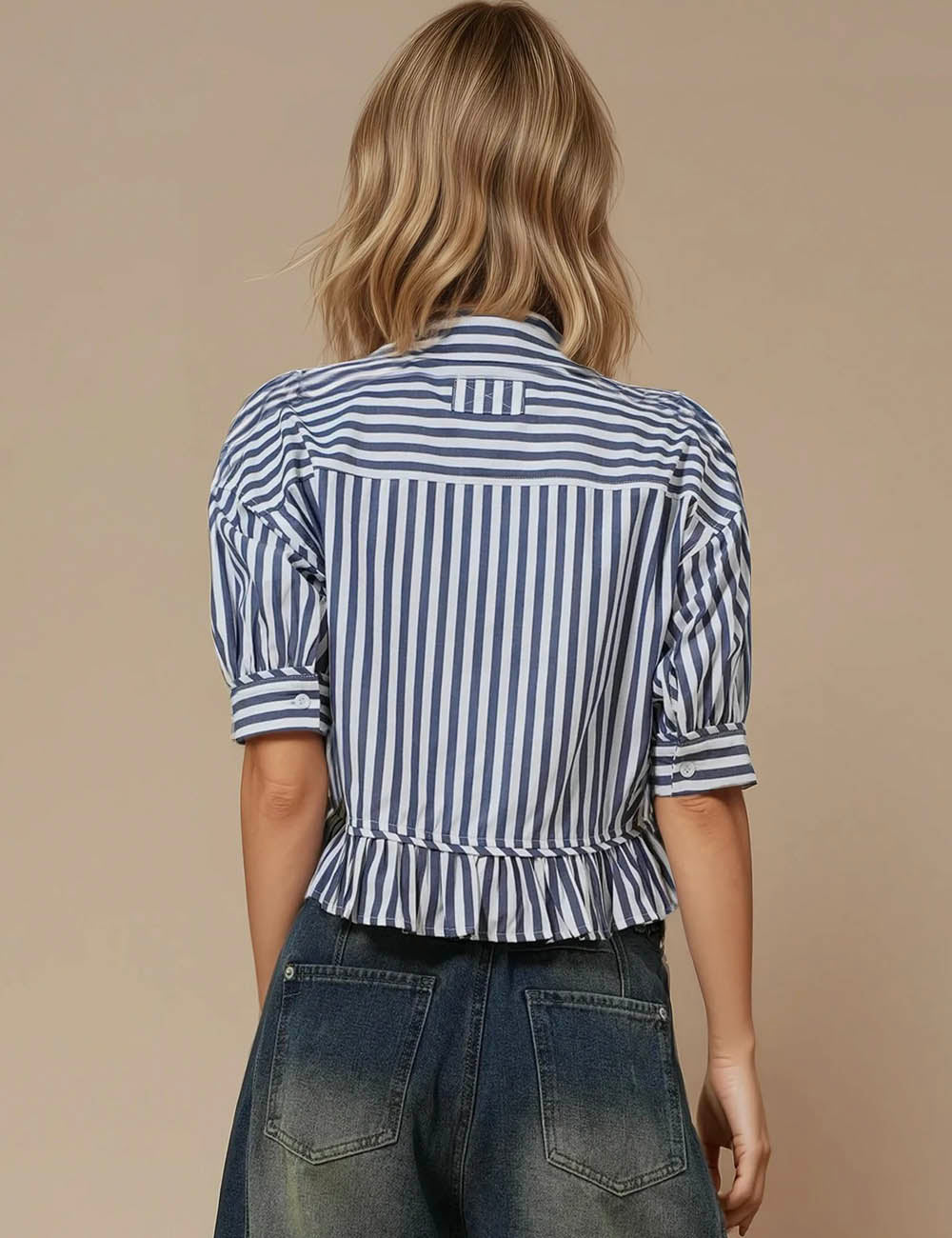 Ladies Stripe Color Block Short Sleeves Shirt SKT51302