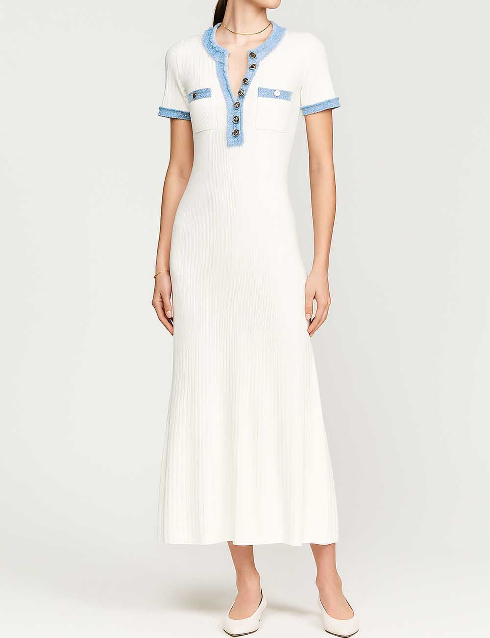 Ladies Color Block V-Neck Short Sleeves Knit Midi Dress