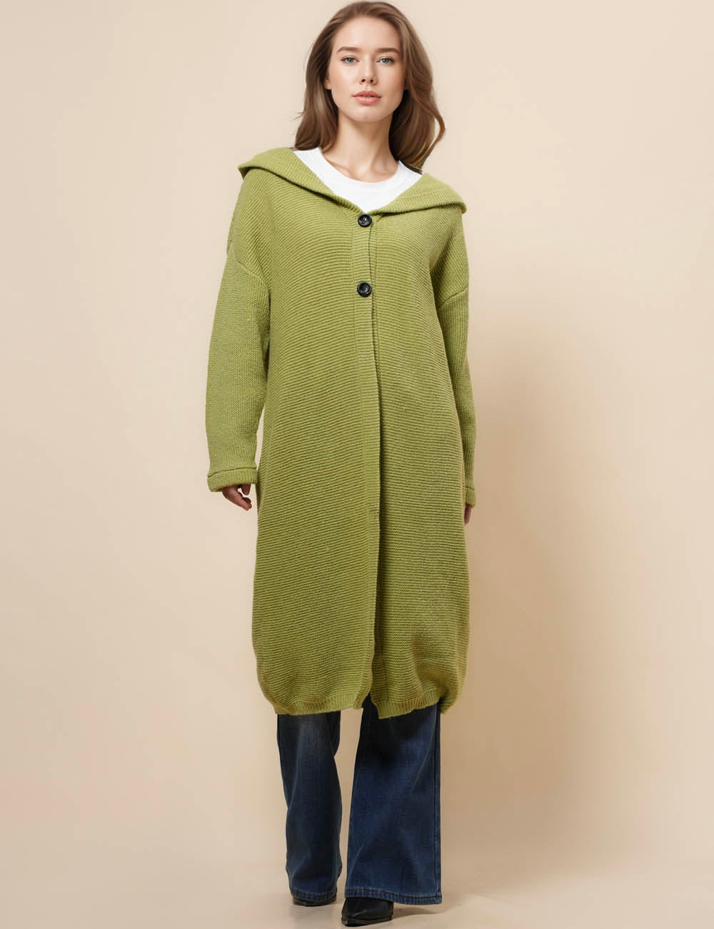 Button Hooded Button Solid Color Sweater Coat Cardigan NG5135
