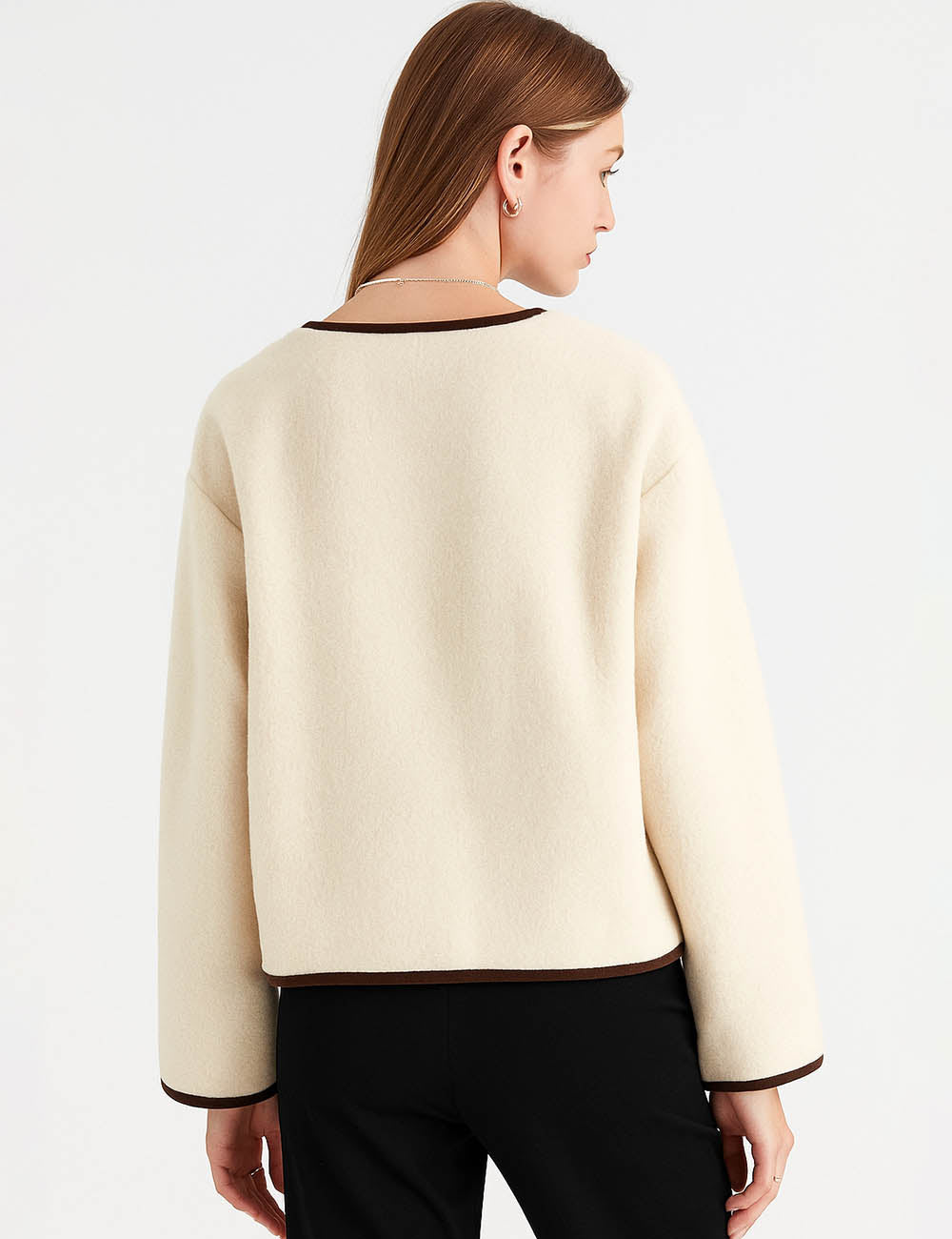 Ladies Color Block Round Neck Tie Faux Sherpa Jacket