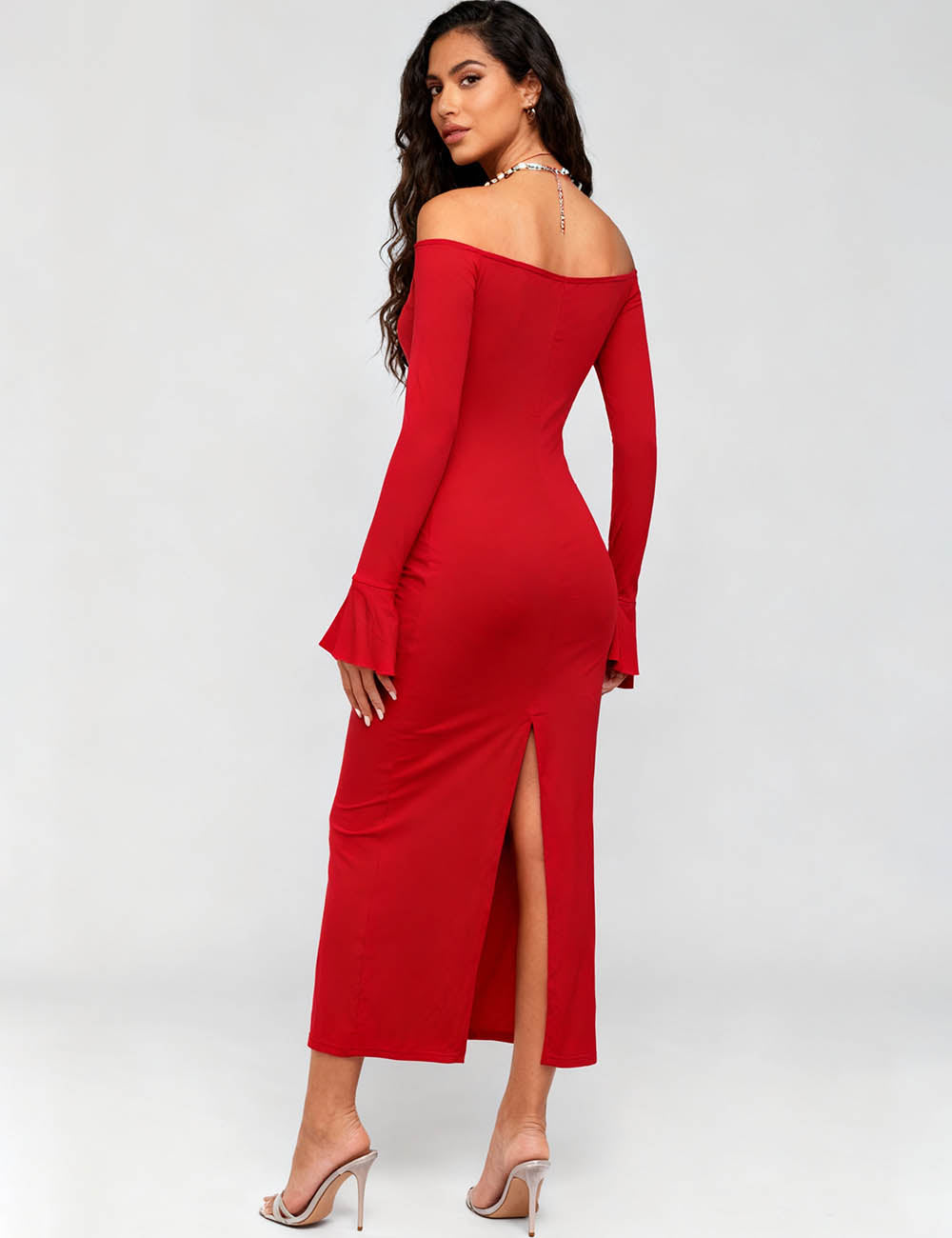 Ladies Eyelet Lace-Up Flared Sleeves Bodycon Midi Dress