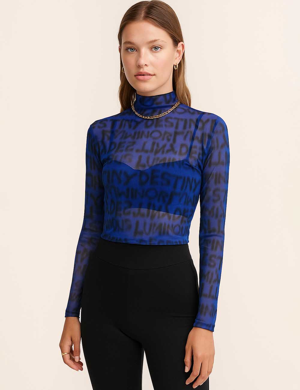Women Text Print Blouse Y2K See Sheer Layring Top
